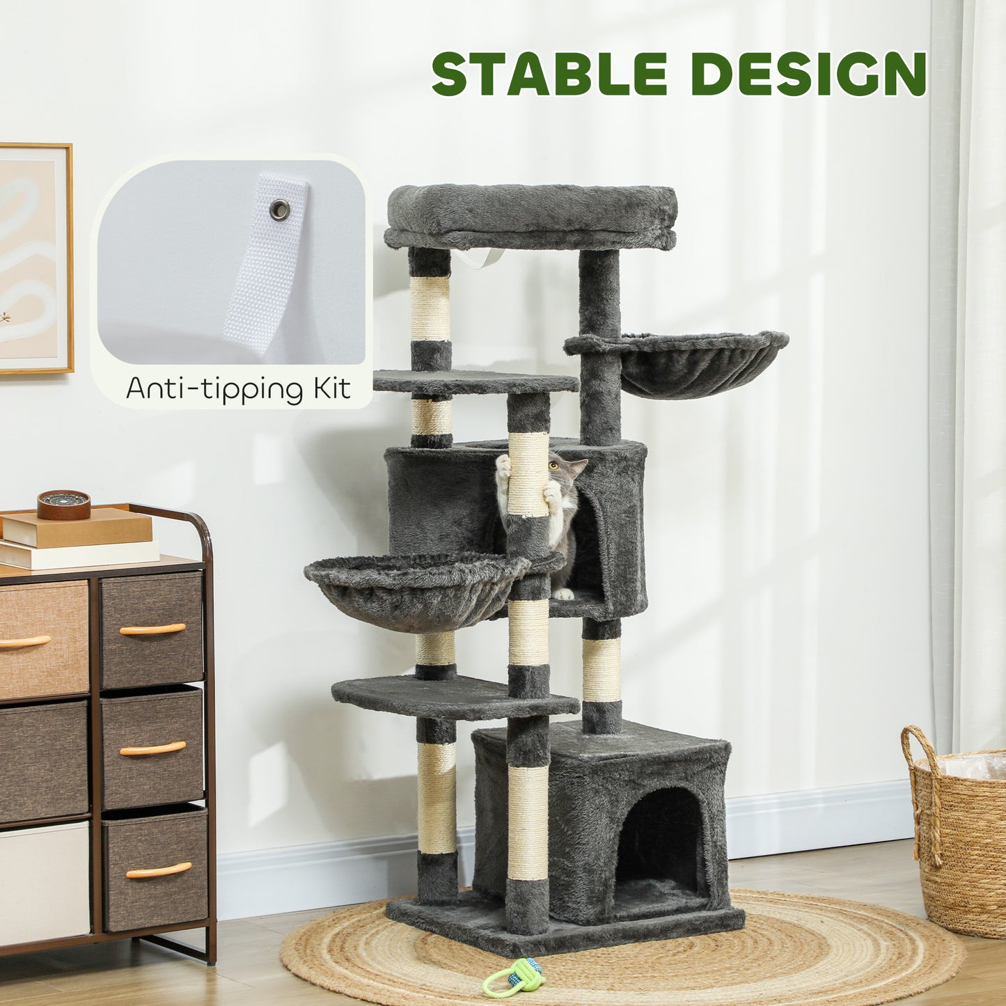 Arbre à chat avec griffoirs, lit, plateformes et hamacs, pour chats d'intérieur, gris foncé