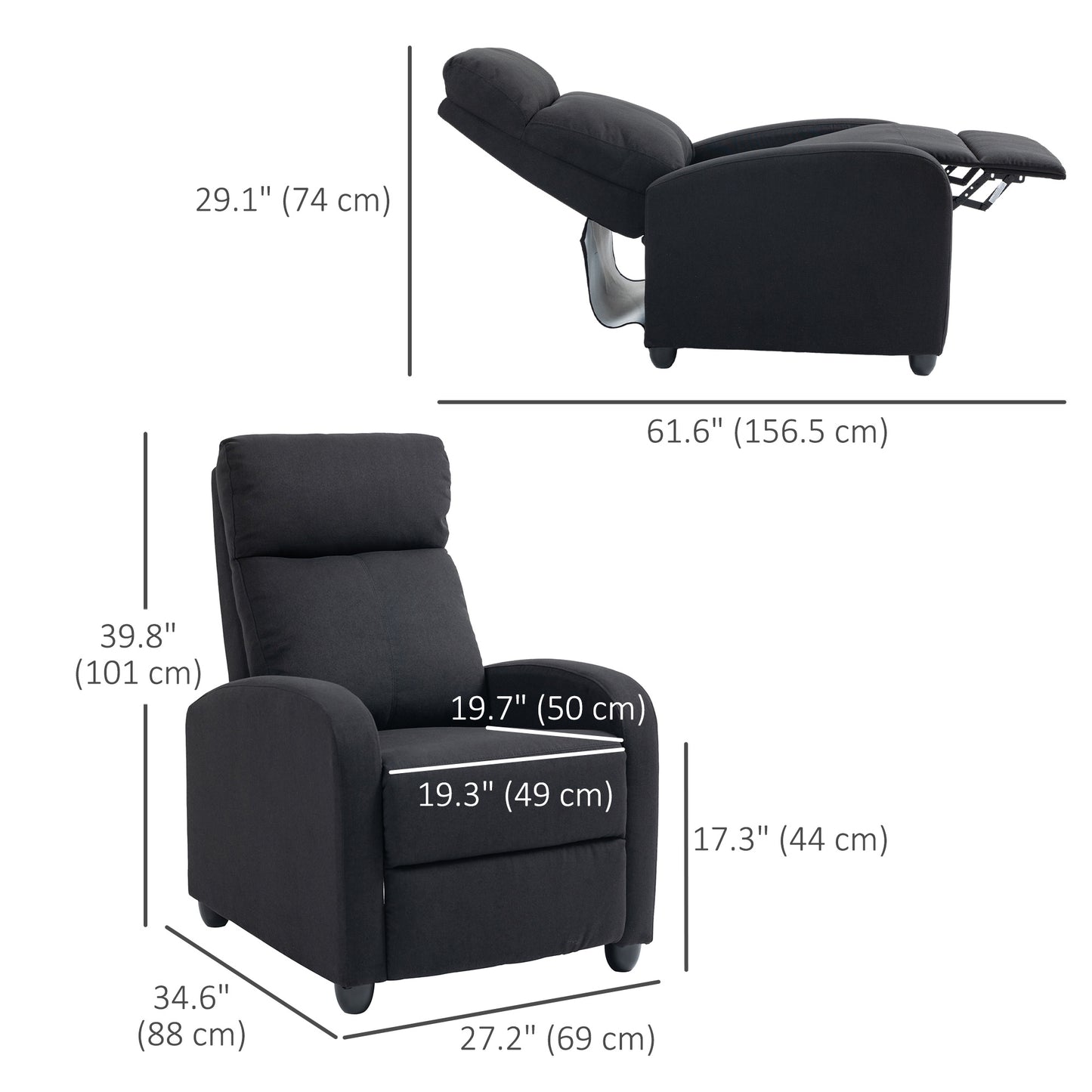 Fabric Recliner Chair, Single Recliner with Padded Seat for Living Room, Black