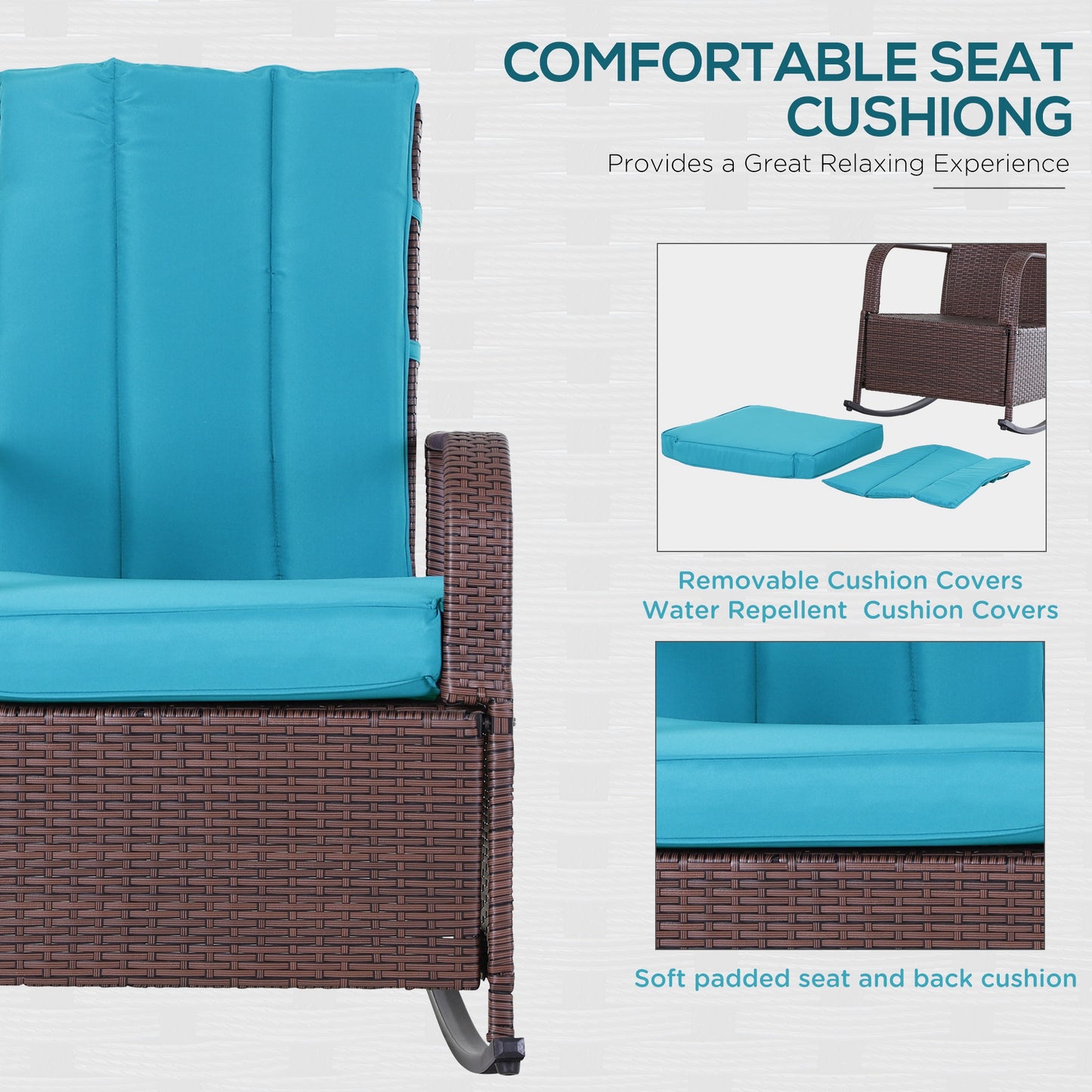 Fauteuil à bascule en rotin synthétique avec coussin, repose-pieds réglable et accoudoirs, turquoise