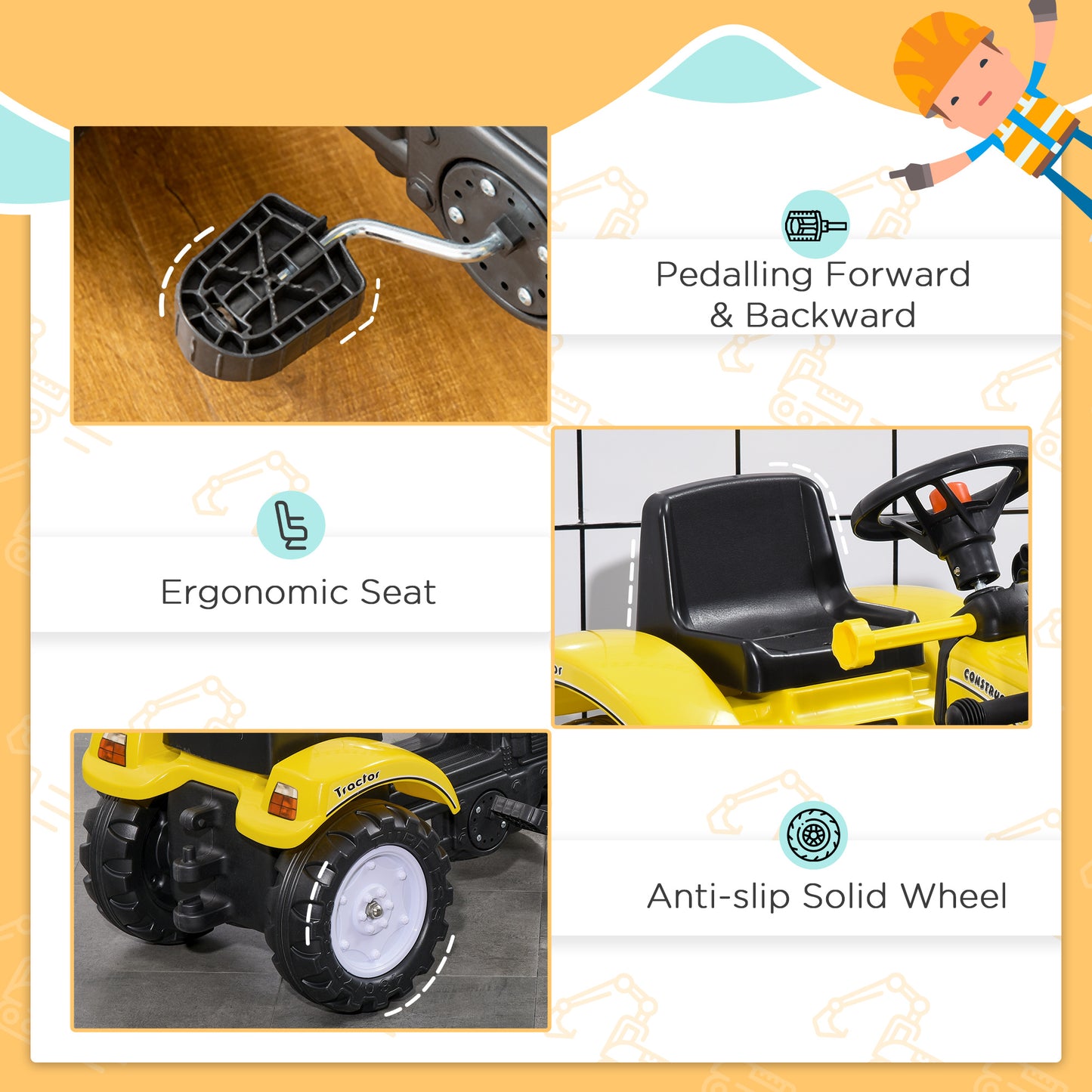 Pedal Tractor for 3 Year Old Kids, Pedal Construction Vehicle with Front Loader, Yellow