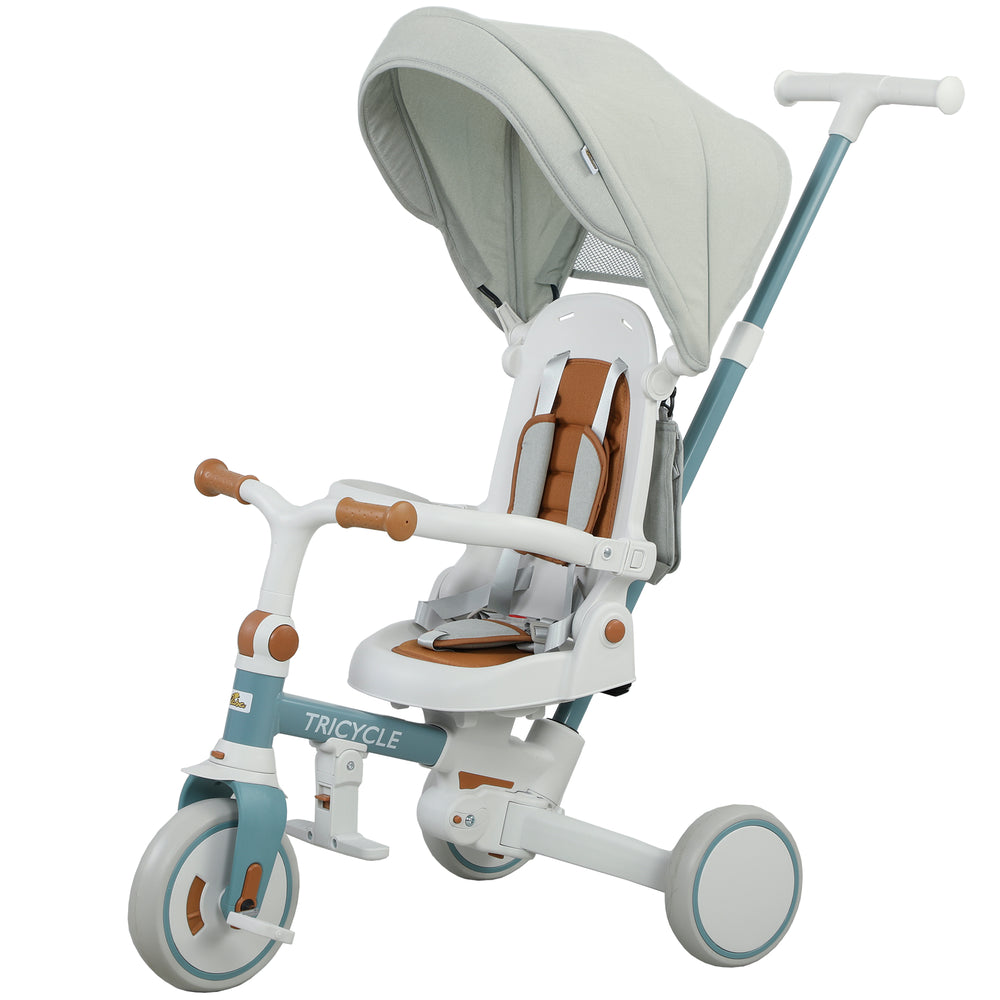 Tricycle 7 en 1 pour tout-petits avec harnais de sécurité, bleu et gris