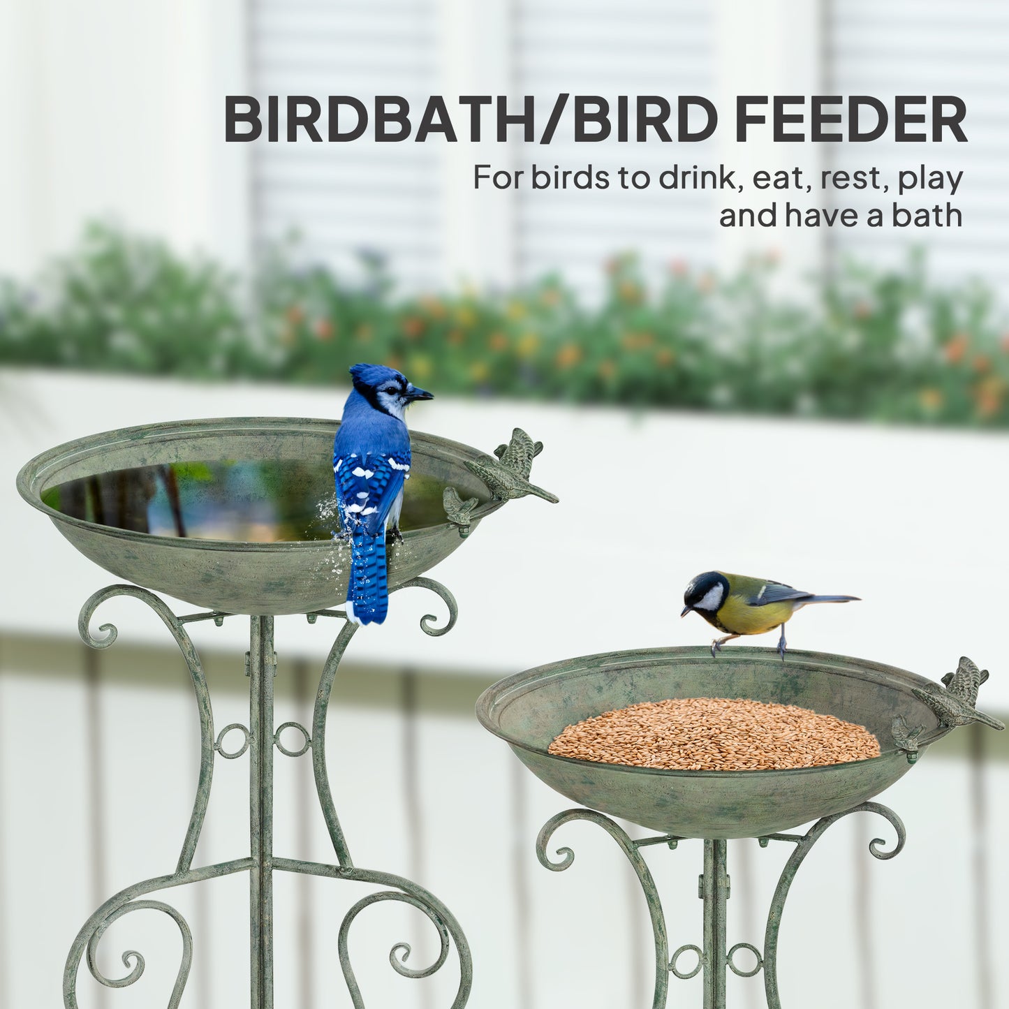 79cm Tall Round Metal Birdbath with Bird Statues and Decorative Stand, Bronze