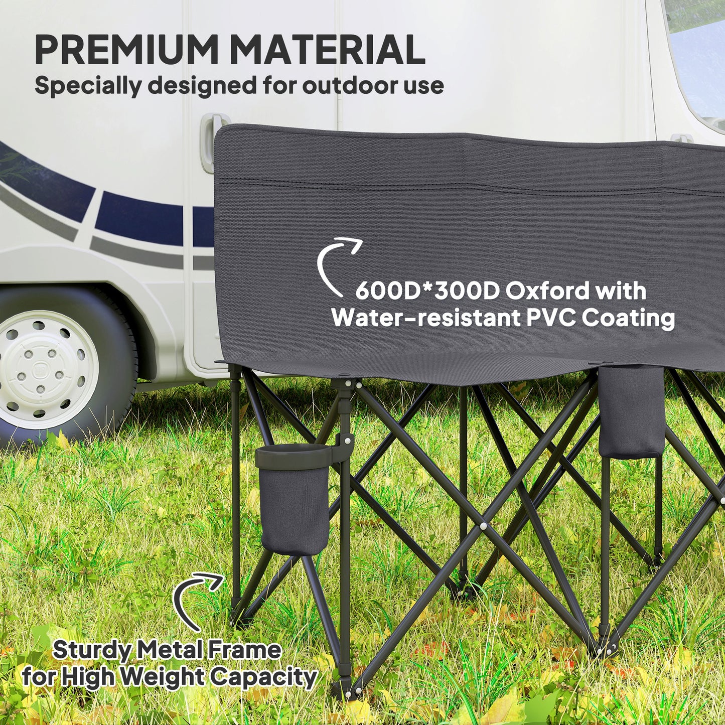 Chaise de camping pliante 6 places avec porte-gobelet et housse de transport pour camping, pique-nique et événements sportifs, gris foncé
