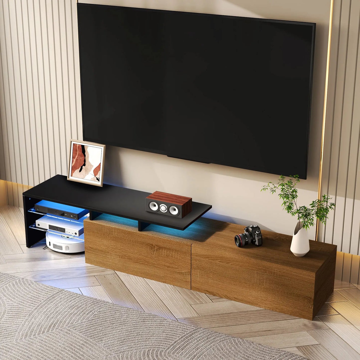 Meuble TV moderne avec étagères en verre et éclairage LED, noir et naturel