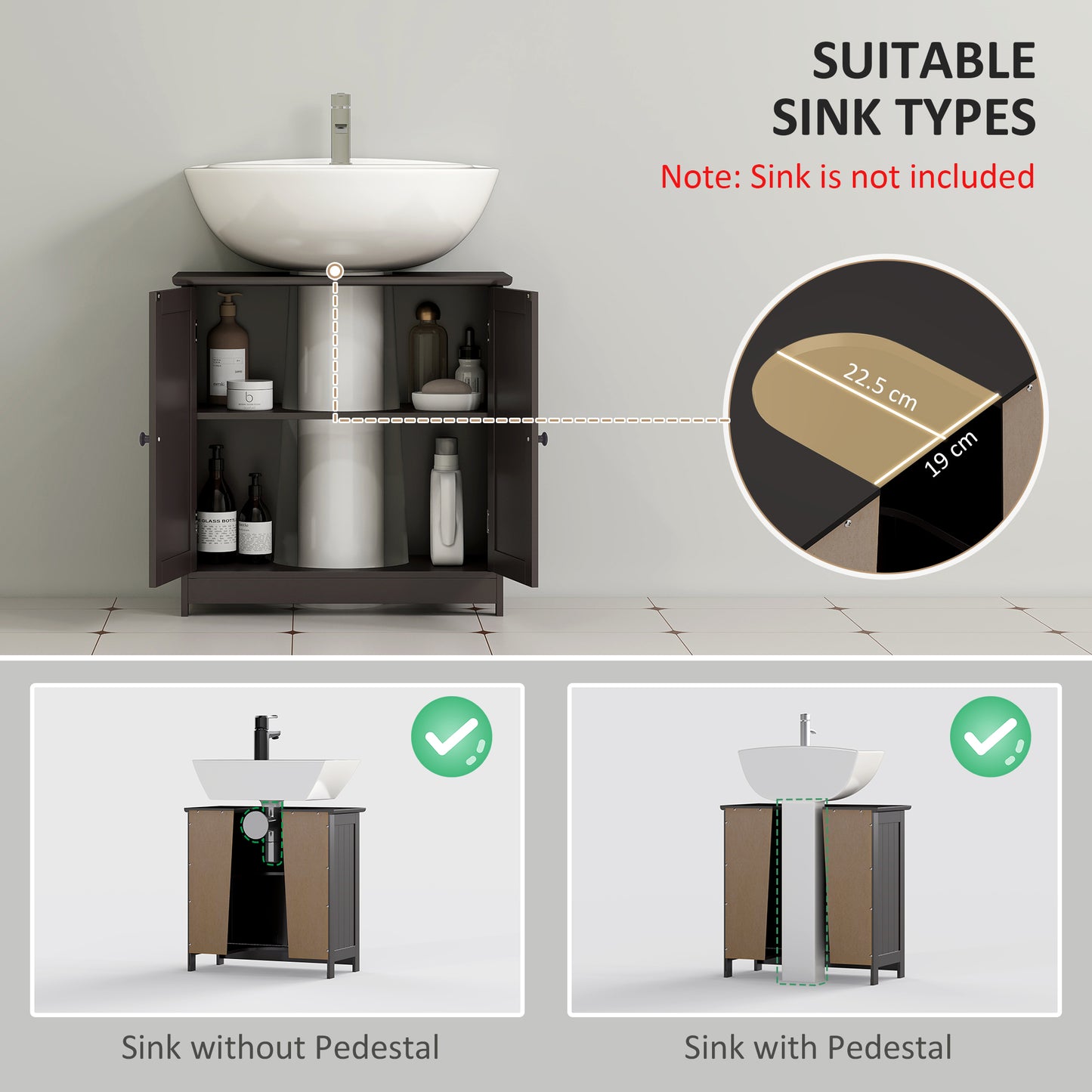 Meuble sous lavabo avec 2 portes et étagère, couleur café