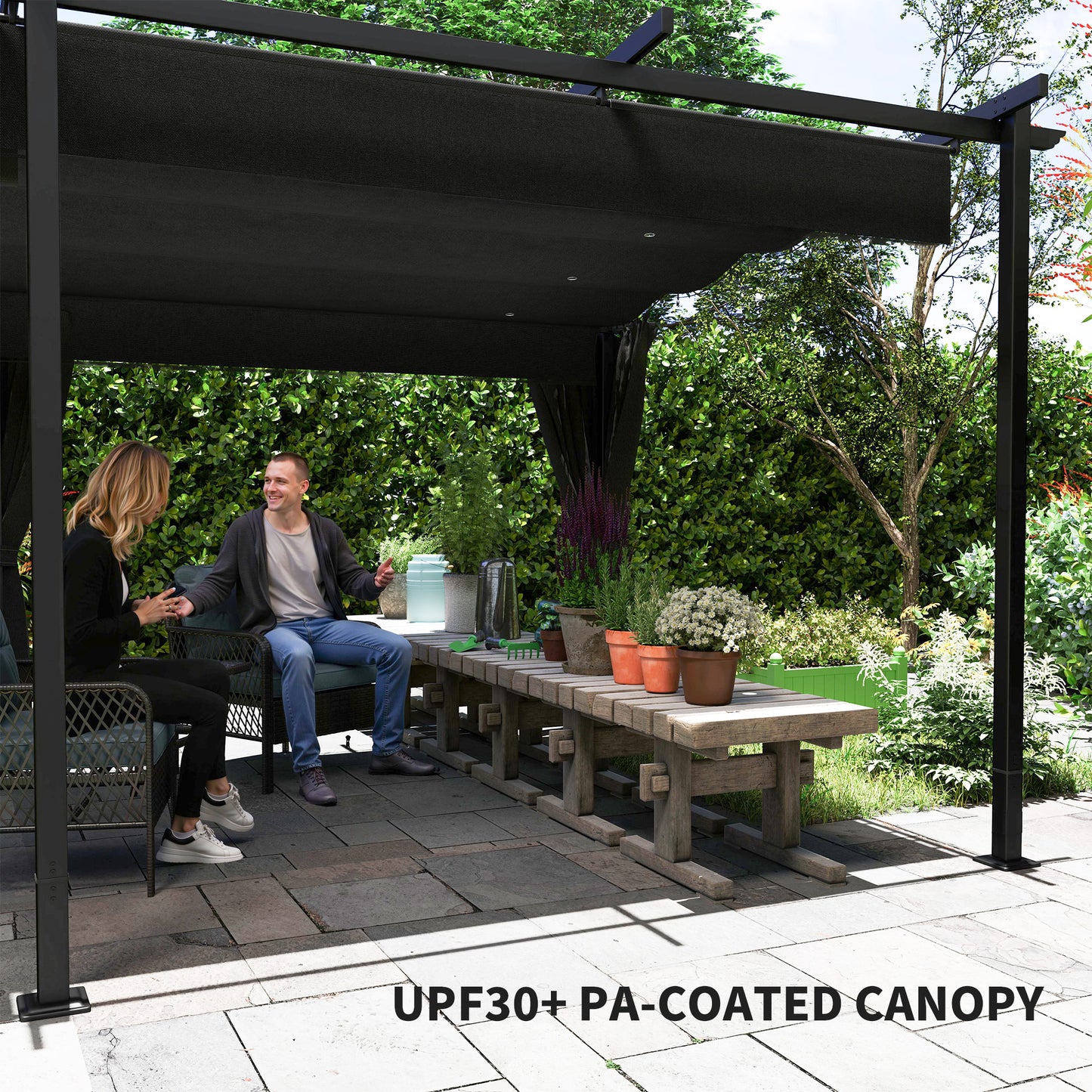 Pergola rétractable en métal 10' x 20' avec parois latérales, tonnelle d'extérieur UPF30+, noir