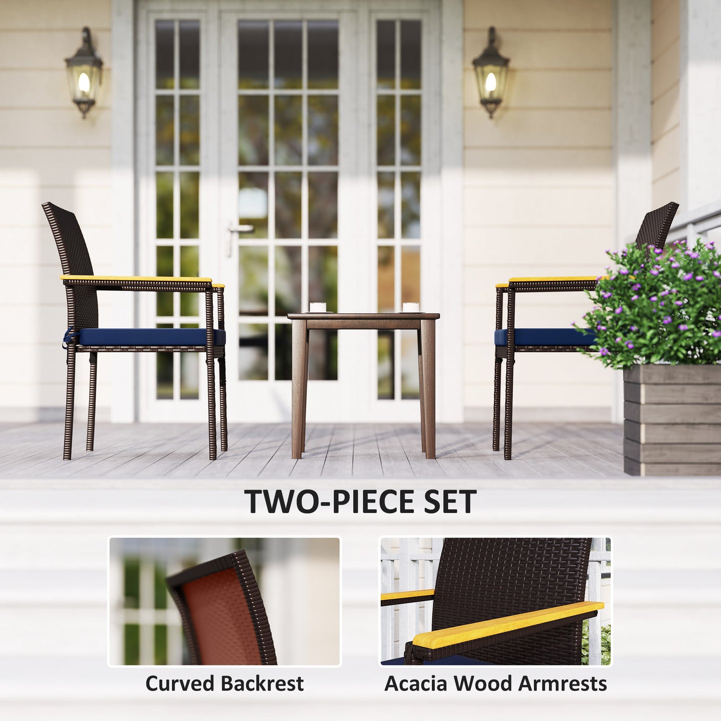 Lot de 2 chaises de jardin empilables en osier avec coussin amovible et accoudoirs, bleu marine