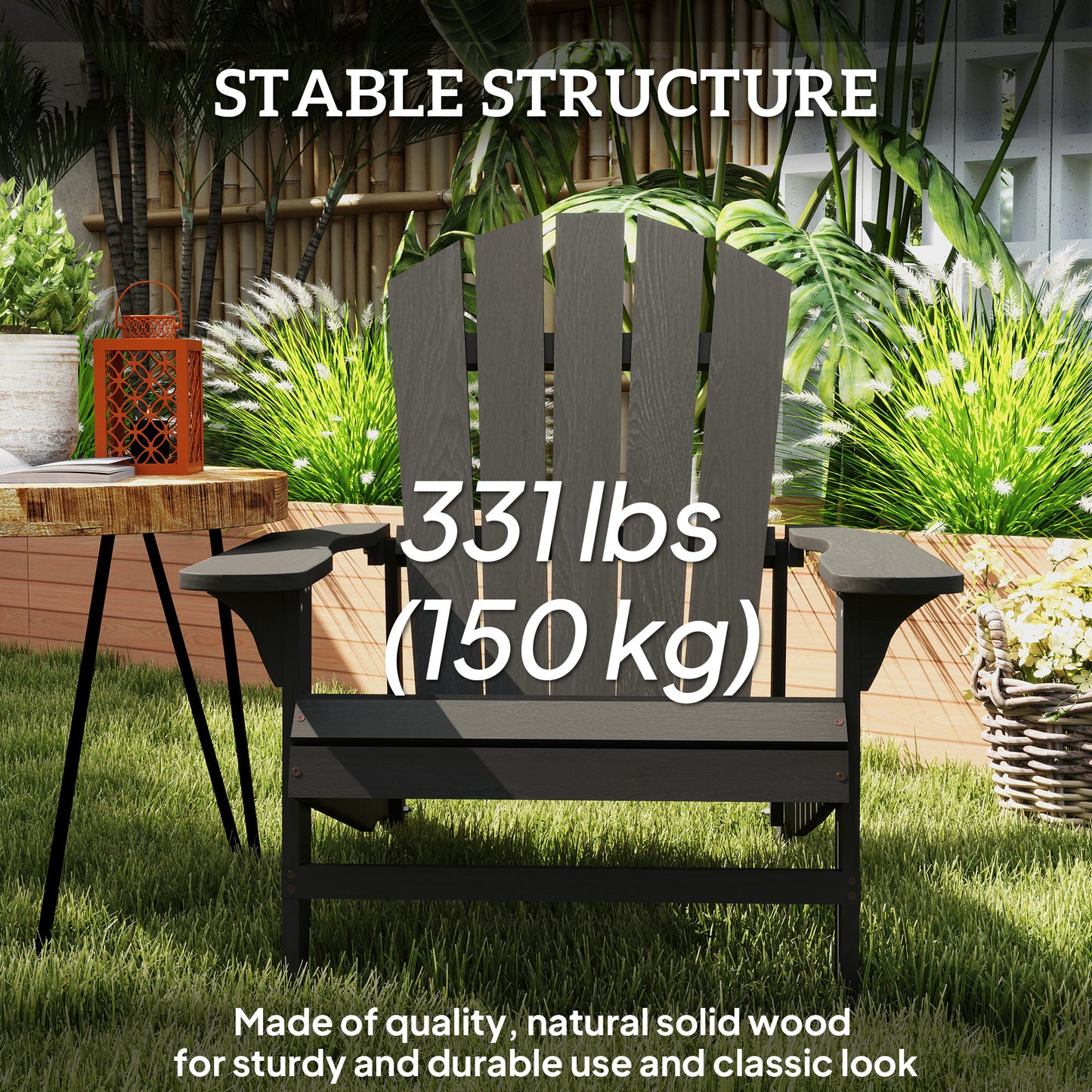 Chaise Adirondack en bois à lattes pour terrasse, jardin, arrière-cour, foyer, noire