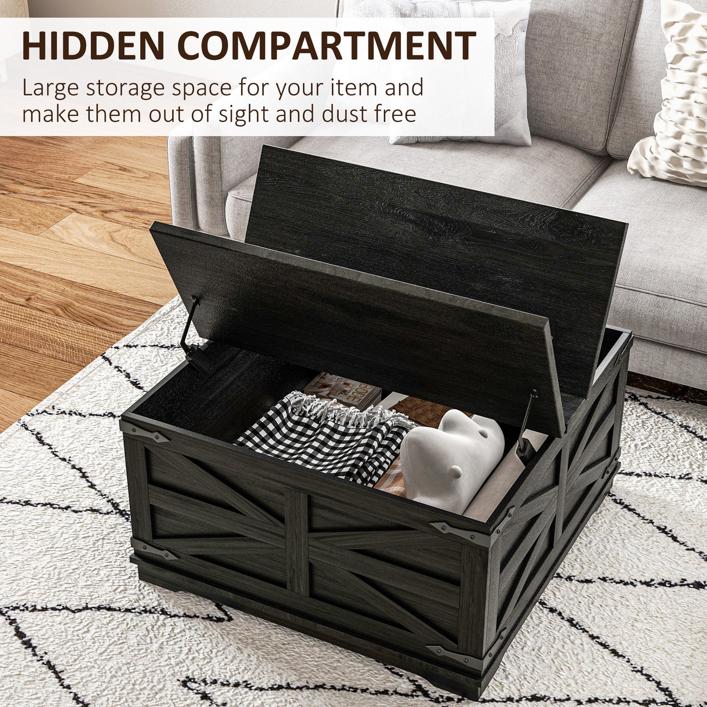 Table basse Farmhousemavec couvercles rabattables, compartiment de rangement dissimulé, noire