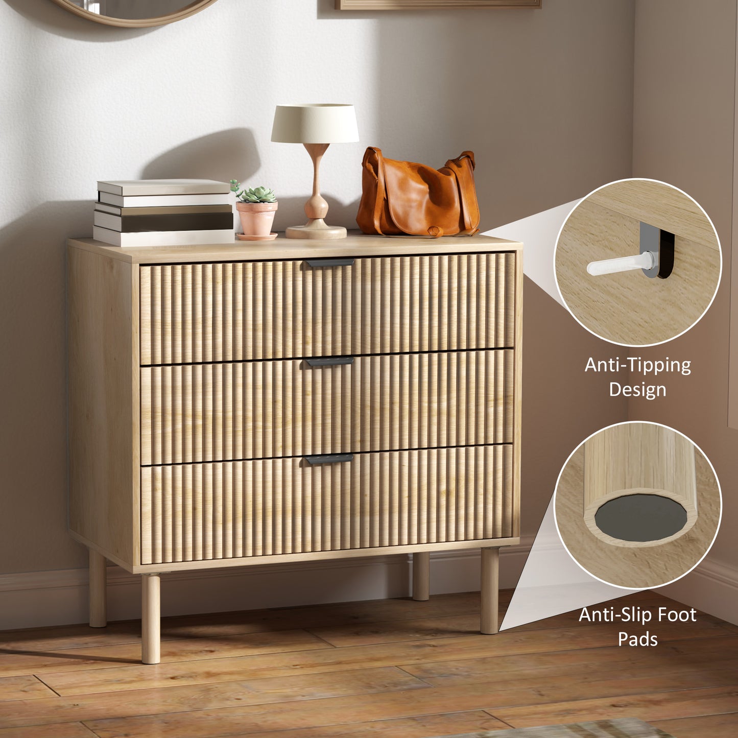3-drawer bedroom chest of drawers with fluted panels and solid wood legs, oak