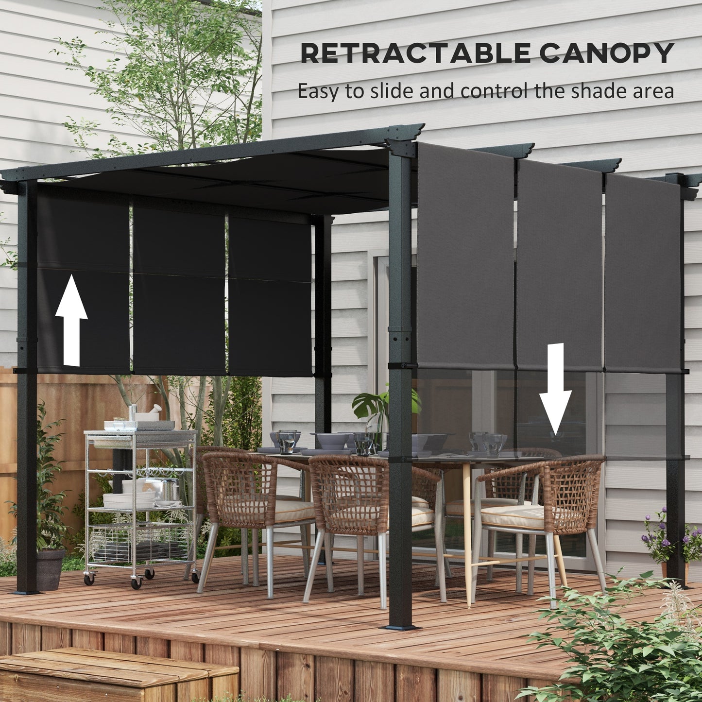 Pergola en métal 10' x 10' d'extérieur avec auvent rétractable, gris anthracite