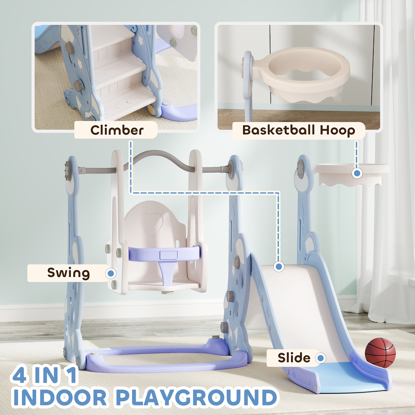 4-in-1 Slide and Swing Set with Basketball Hoop and Climber, for Boys and Girls Ages 1.5-4, Rocket Theme, Light Blue