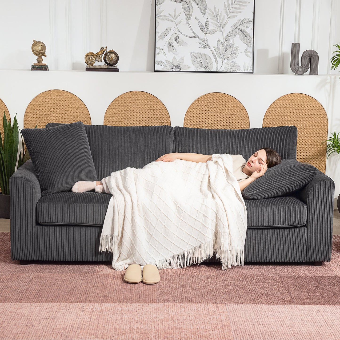 Canapé 3 places avec ressorts ensachés et 2 coussins décoratifs, gris foncé