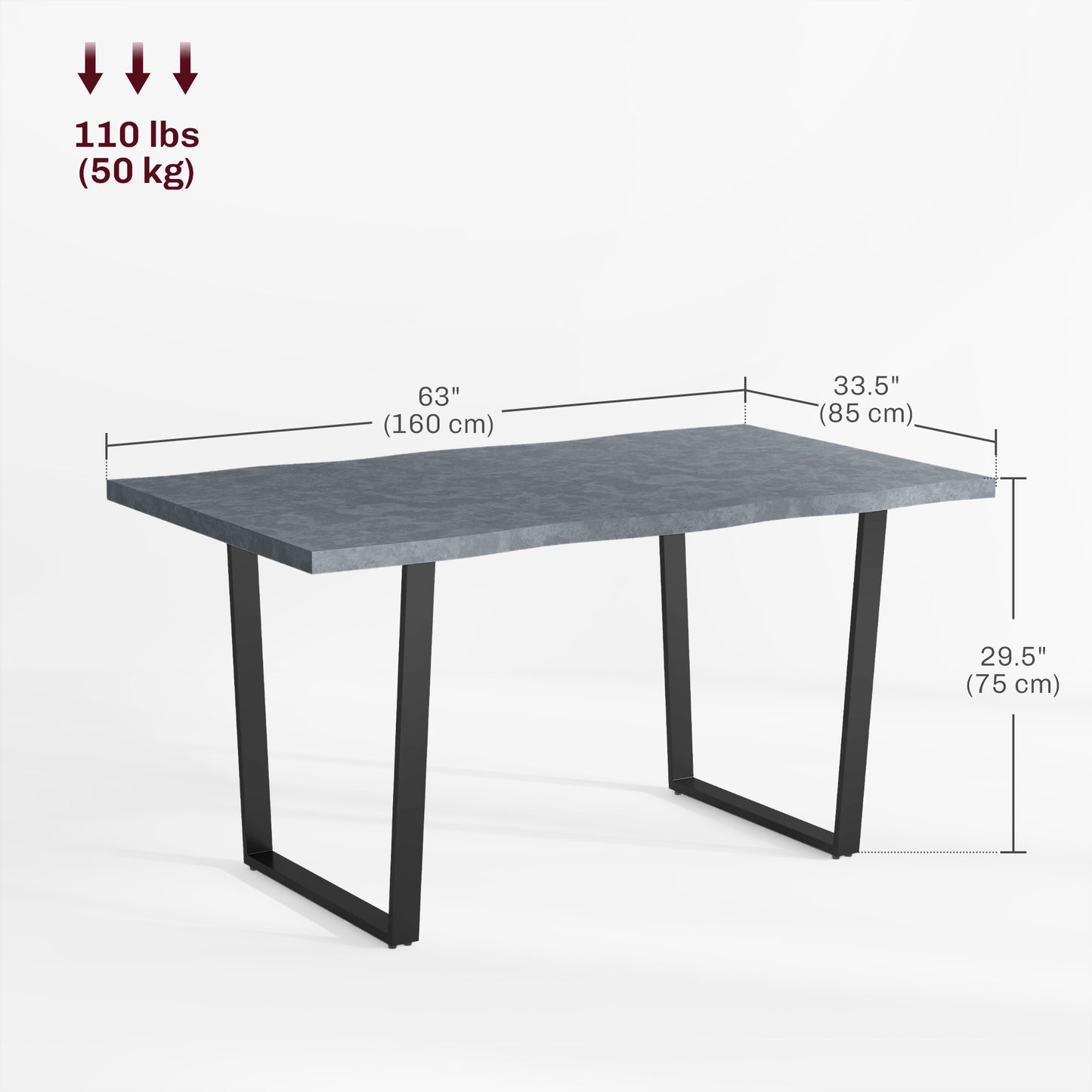 Table à manger industrielle avec plateau à bords ondulés et pieds en acier, pour 6 personnes maximum, gris ciment