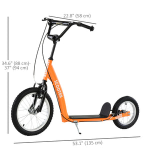 Trottinette avec guidon réglable, double frein, roues gonflables, orange
