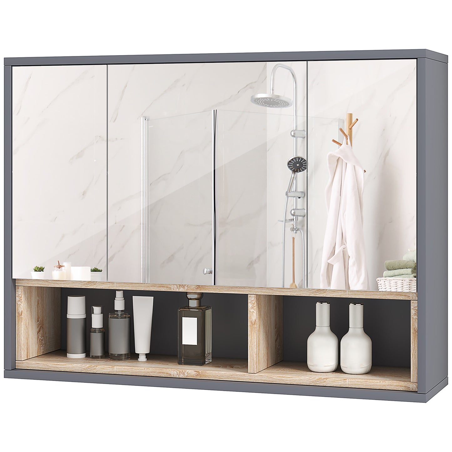 Armoire à pharmacie murale avec miroir et étagères, gris