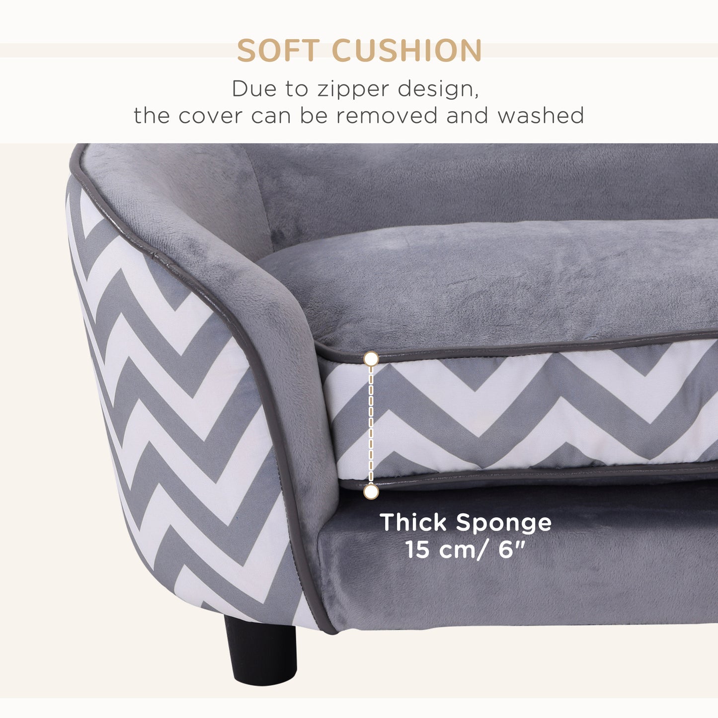 Canapé surélevé pour chien avec rangement, housse de coussin amovible, gris