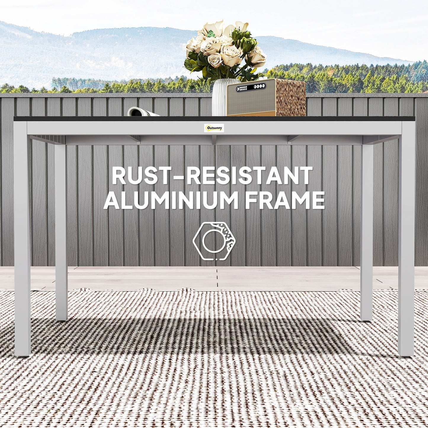 Outsunny Outdoor Dining Table for 4-6 People, Easy-Care Slatted Top, Rust-Proof Aluminum Frame, Black