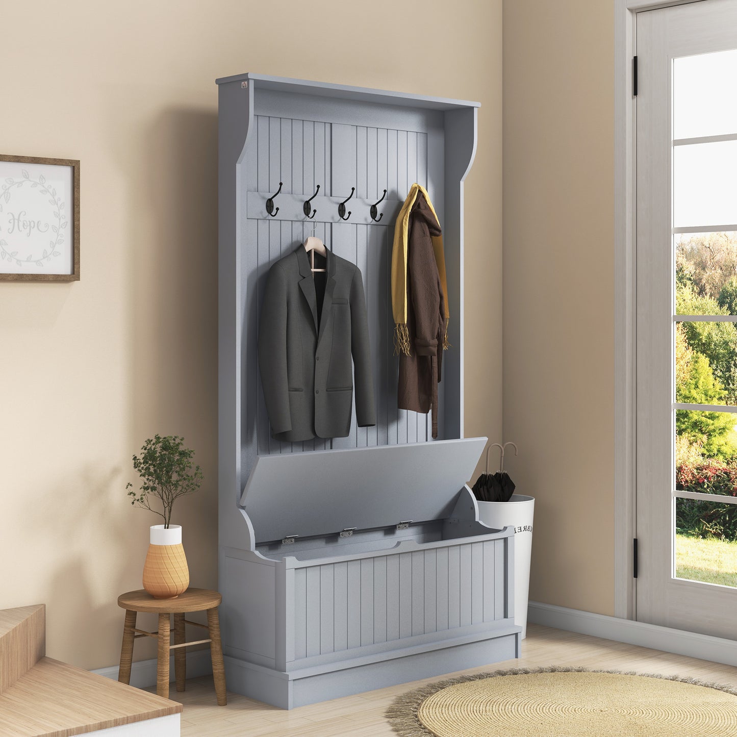 Meuble d'entrée moderne 3 en 1 avec porte-manteau, banc et rangement à chaussures, 5 crochets pour couloir et salon, gris