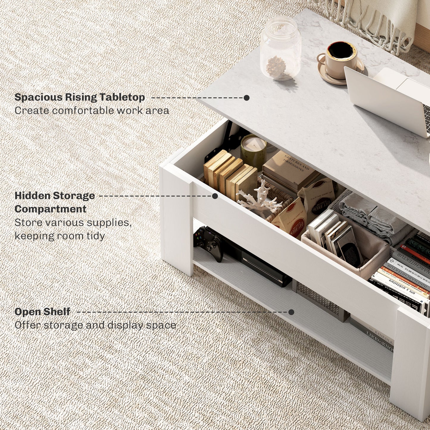 Table basse relevable avec compartiment de rangement dissimulé et étagère ouverte, blanche