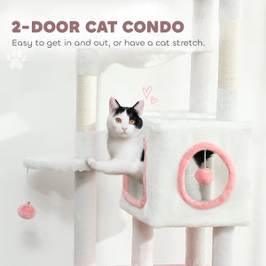 65-inch Cat Tree with 2 Doors, Plush Perch, Hammock, Sisal Scratching Posts, White