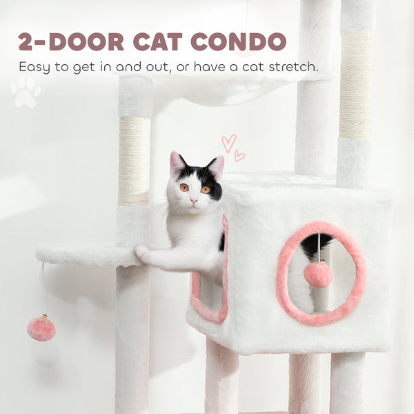 65-inch Cat Tree with 2 Doors, Plush Perch, Hammock, Sisal Scratching Posts, White