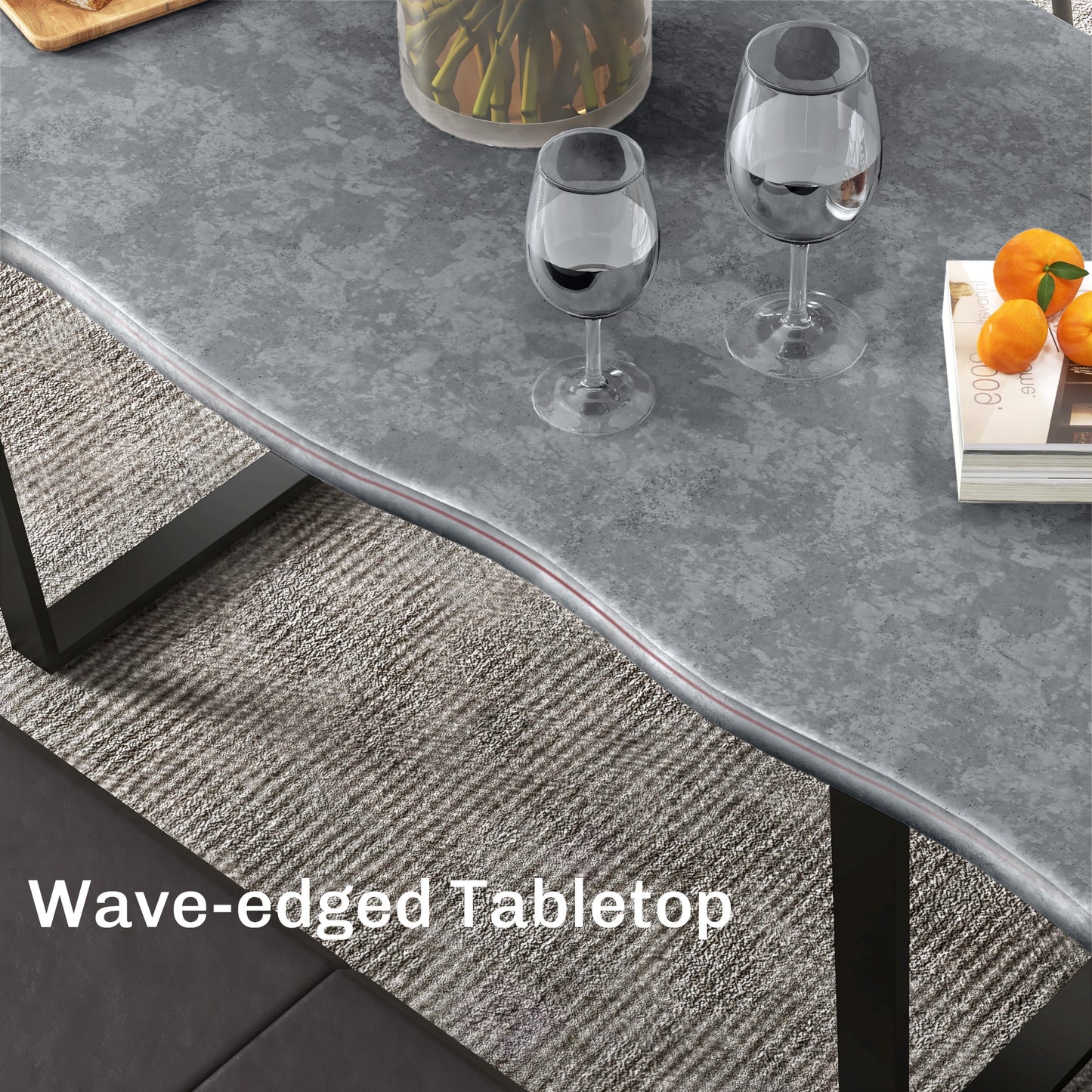 Table à manger industrielle avec plateau à bords ondulés et pieds en acier, pour 6 personnes maximum, gris ciment