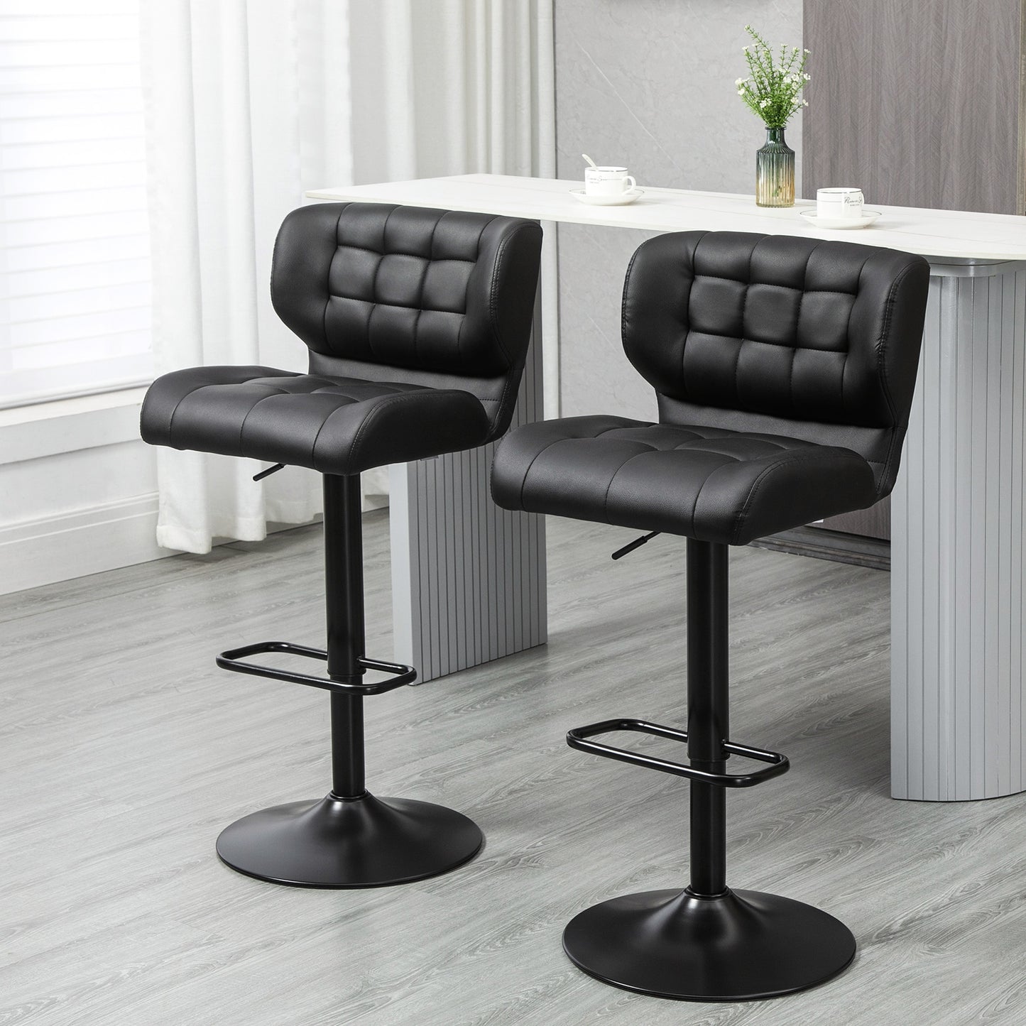Set of 2 Adjustable Faux Leather Swivel Bar Stools with Footrest, Black
