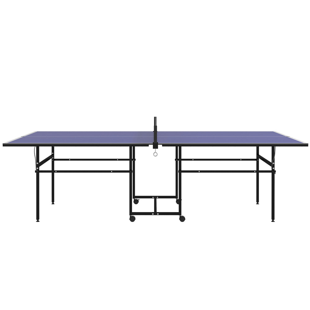 Full-size ping pong table with net, paddles, balls and wheels, blue