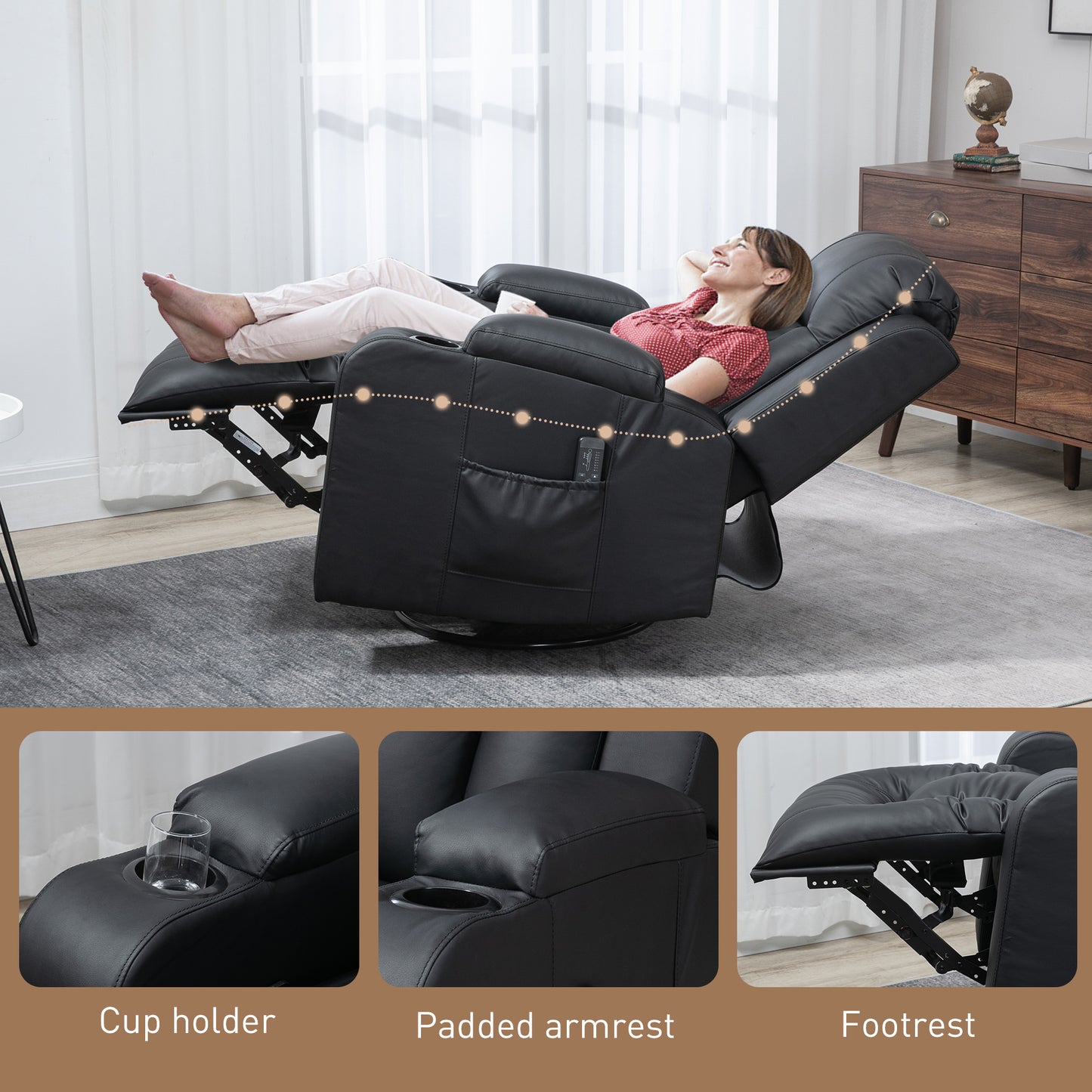 Fauteuil inclinable massant, pivotant à 360°, rembourré en cuir synthétique, noir