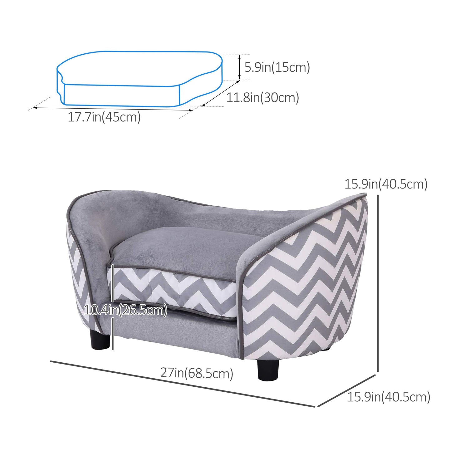 Canapé surélevé pour chien avec rangement, housse de coussin amovible, gris