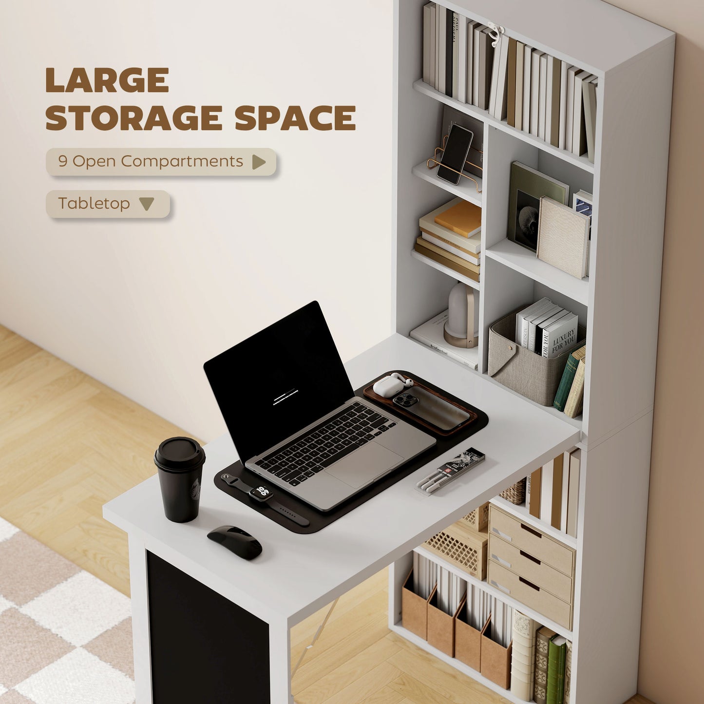 Bureau d'ordinateur mural pliable et convertible avec tableau noir et étagère latérale, blanc