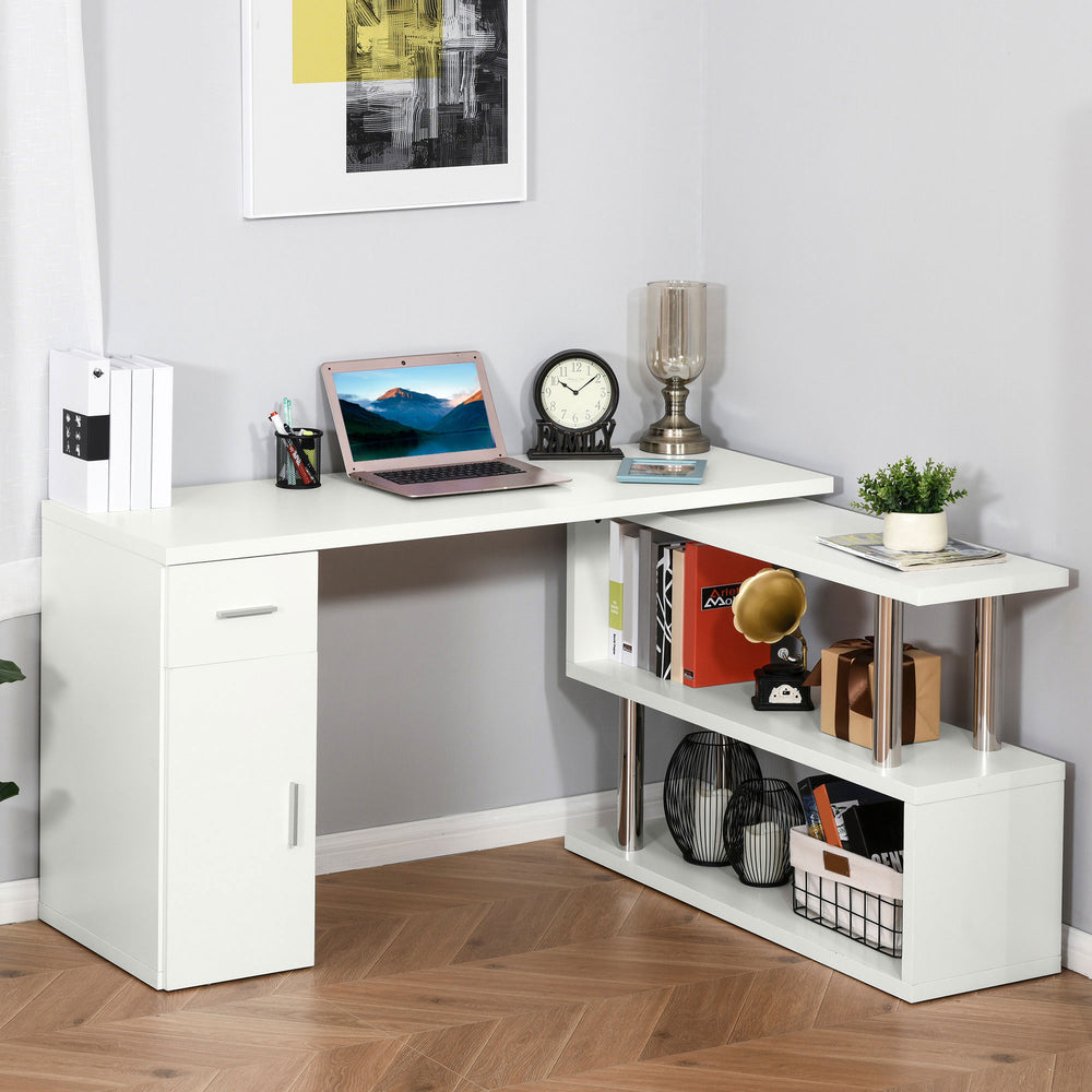 Bureau d'ordinateur rotatif en L avec étagères de rangement, armoire et tiroir, blanc