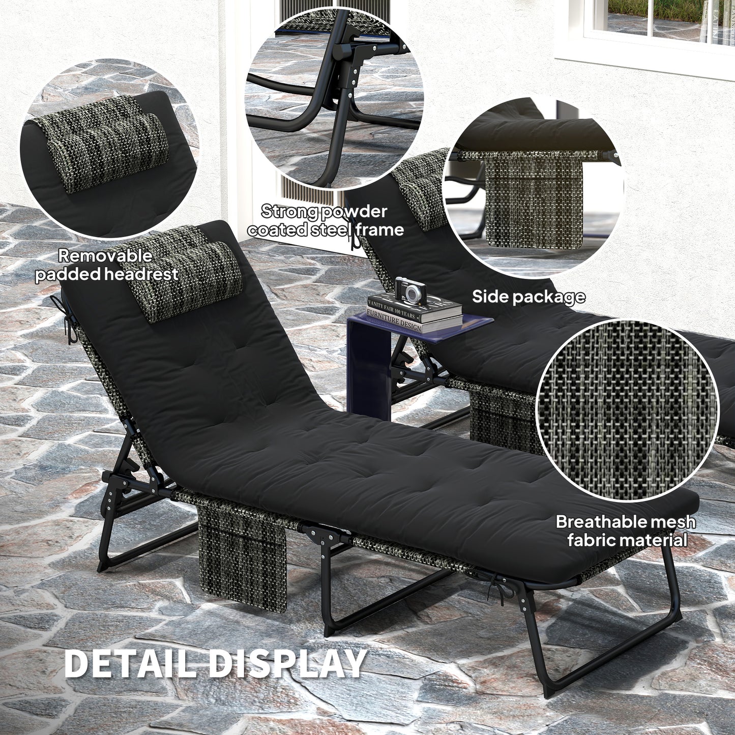 Lot de 2 chaises de bronzage avec coussin, poche latérale, appui-tête, noir