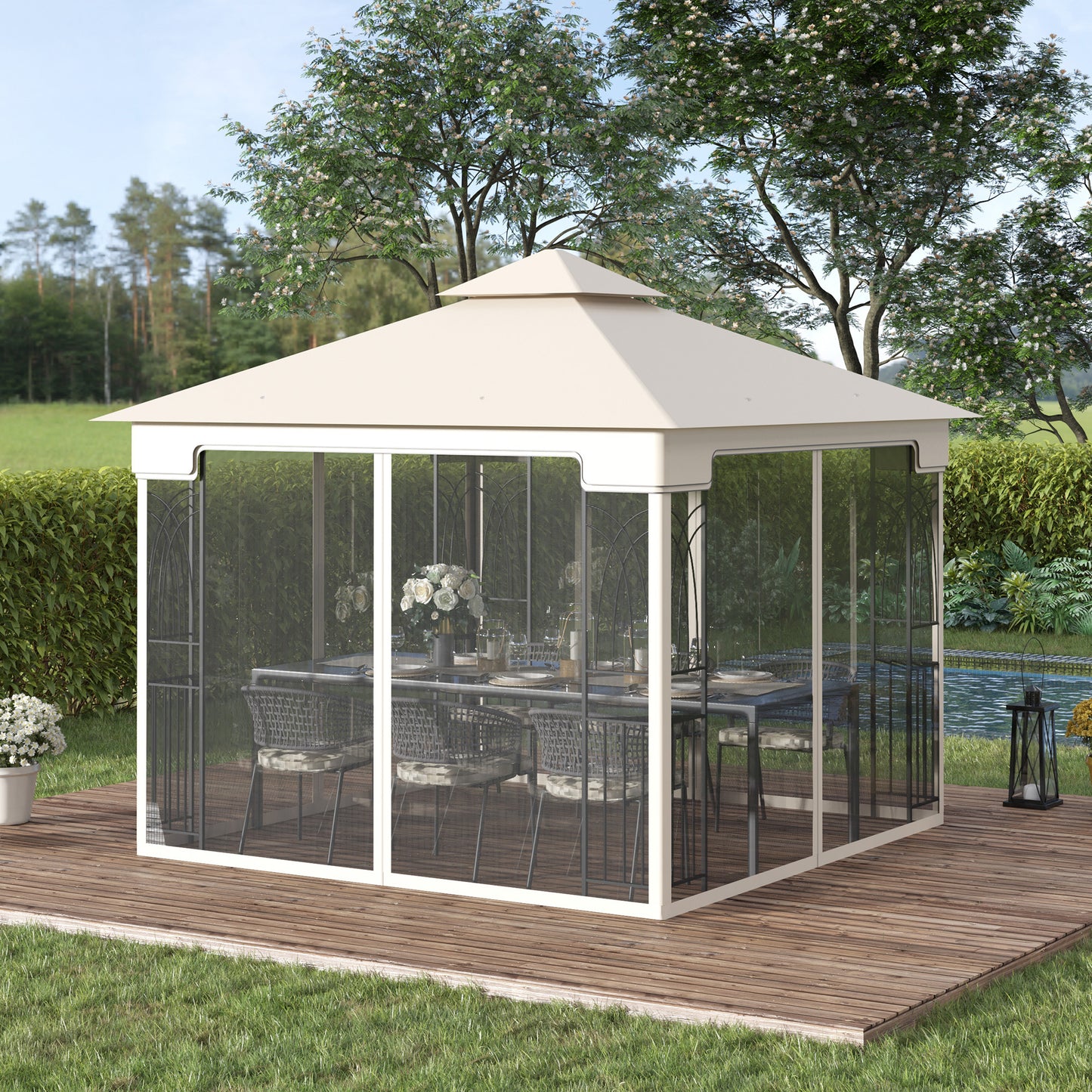 Gazebo de terrasse 10'x10' à toit souple avec toit à deux niveaux, rideaux en maille, étagères de présentation, crochets supérieurs, couleur crème
