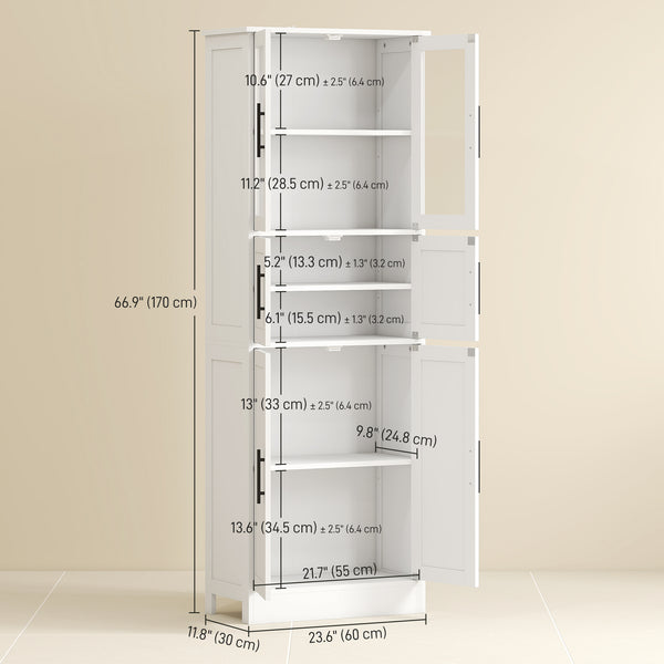 Meuble de rangement de salle de bain avec portes vitrées et étagères réglables, blanc