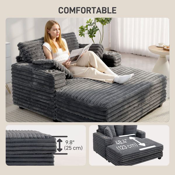 Chaise de lecture rembourré surdimensionné avec porte-gobelets et oreillers, gris