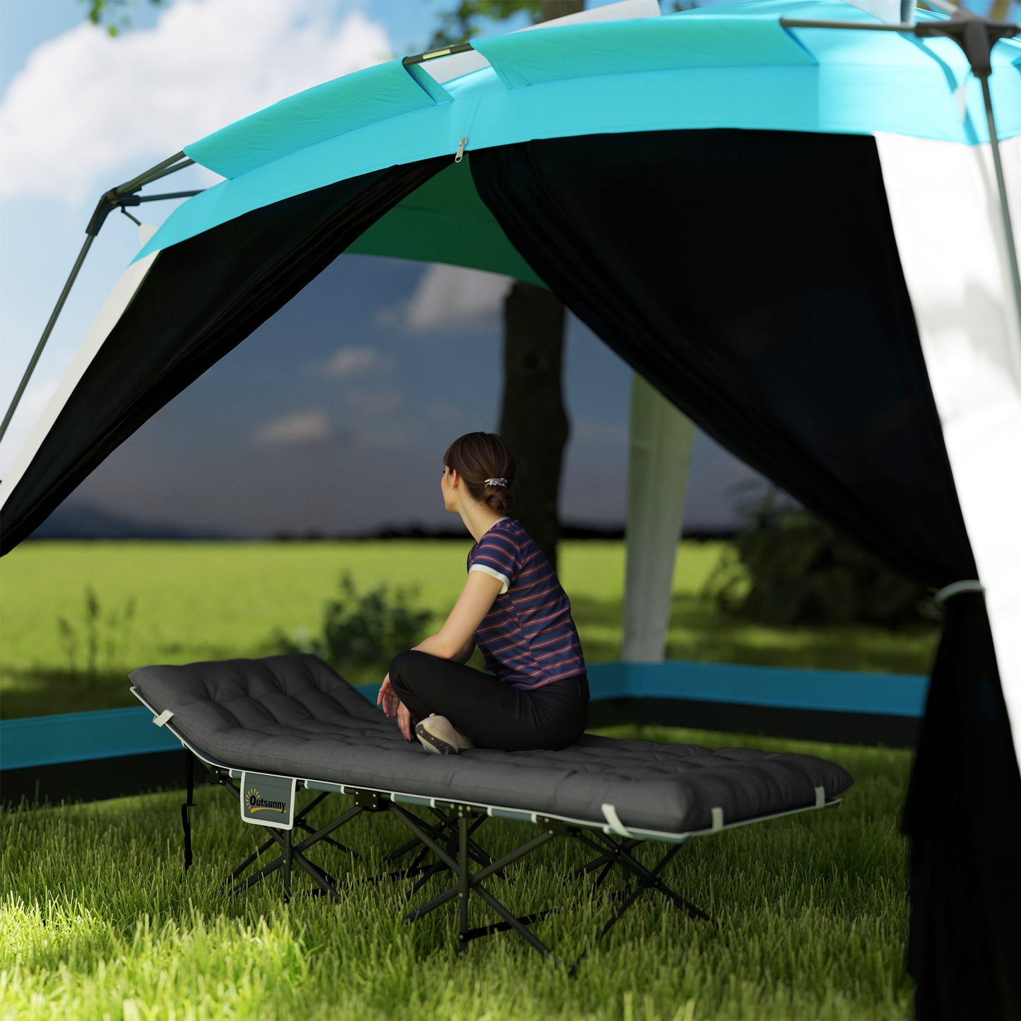Lit pliant Outsunny de 68 cm de large, lit de camp pour adultes avec matelas, sac de transport, charge maximale 150 kg, gris foncé