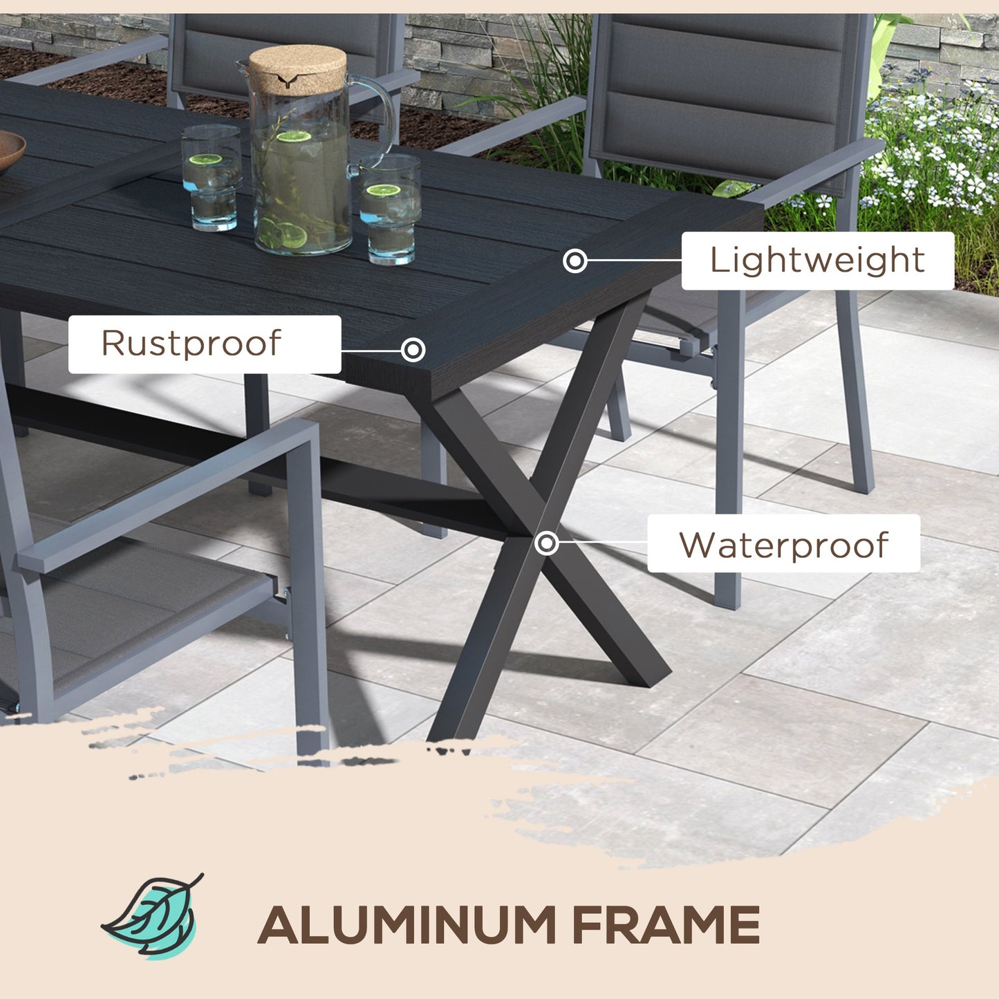 Outsunny 71" Outdoor Dining Table with X-Legs, Aluminum Frame, Darden Rectangular Table for 6 People, for Garden, Black
