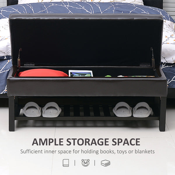 Banc à chaussures capitonné en cuir synthétique avec coffre de rangement, marron