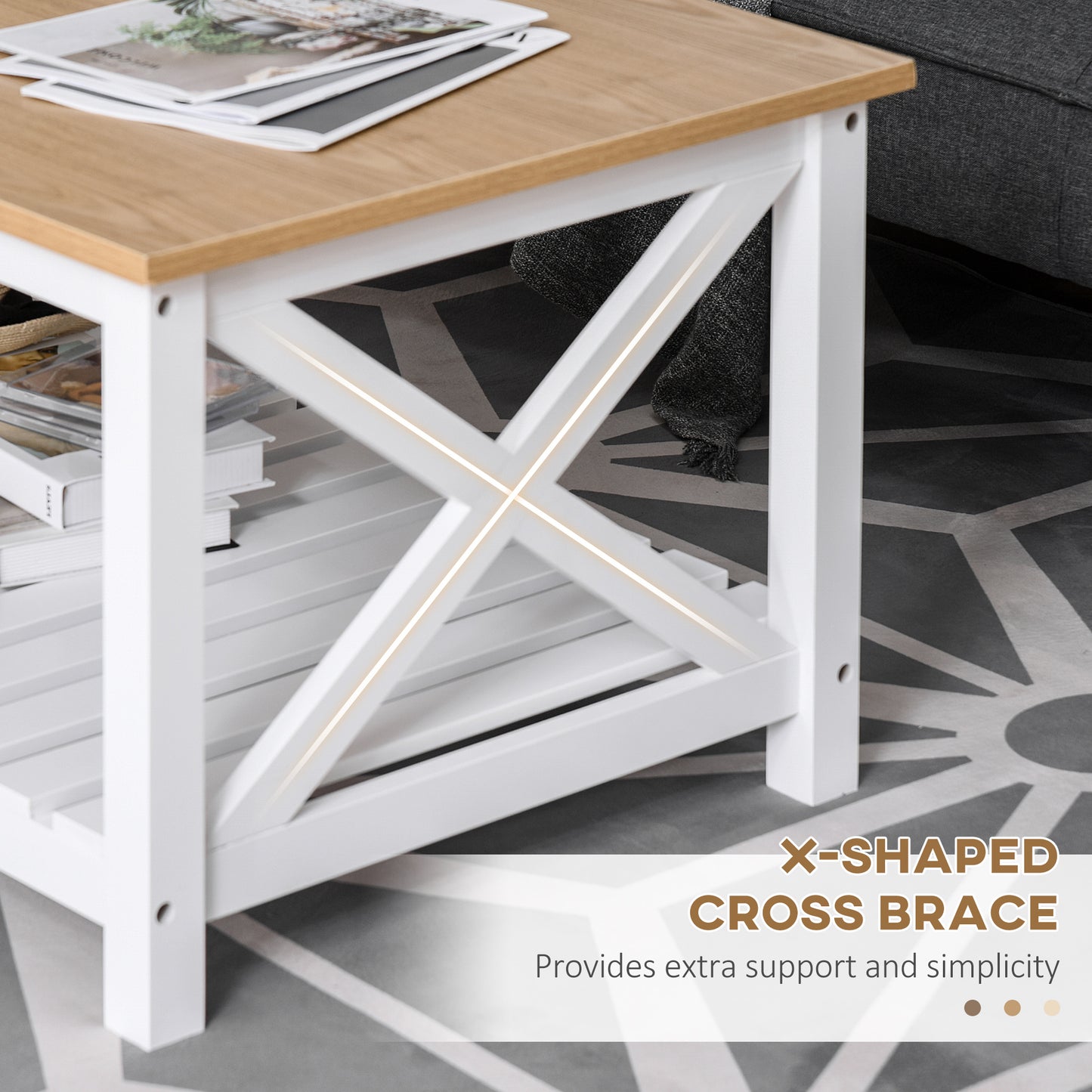 Table basse de style campagnard avec étagère inférieure à lattes, blanc, naturel