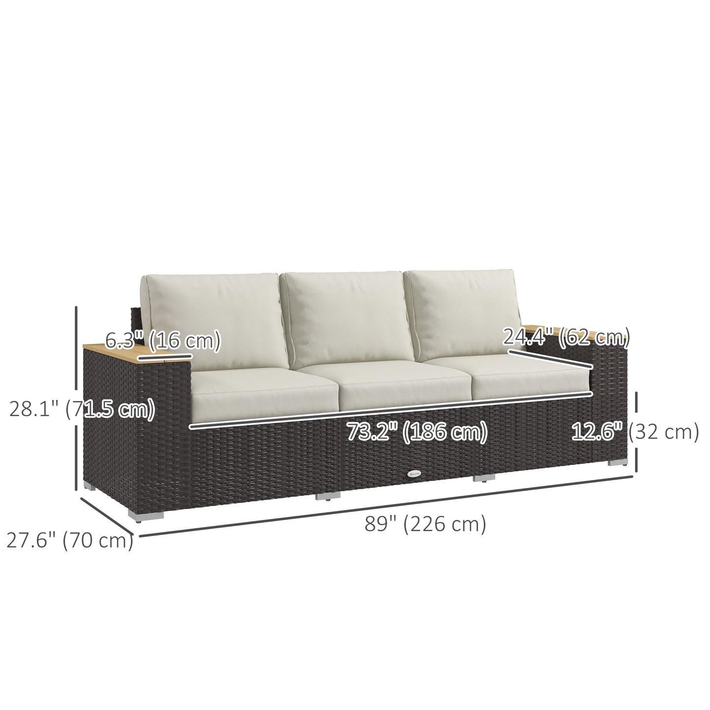 Outsunny 3 Seater Outdoor Sofa with Cushions, Synthetic Rattan Patio Sofa with Woodgrain Armrests, Outdoor Sofa for Porch, Veranda, Garden, Poolside, Cream White