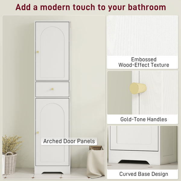 Meuble de rangement fin avec 2 portes, tiroir et étagère réglable, aspect bois blanc