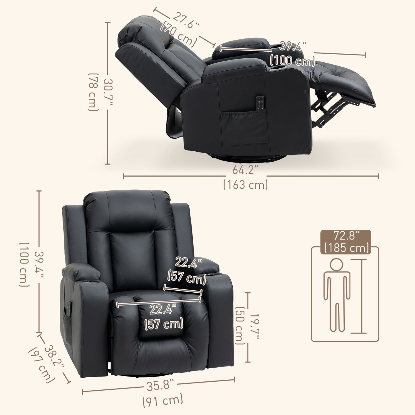 Fauteuil inclinable massant, pivotant à 360°, rembourré en cuir synthétique, noir
