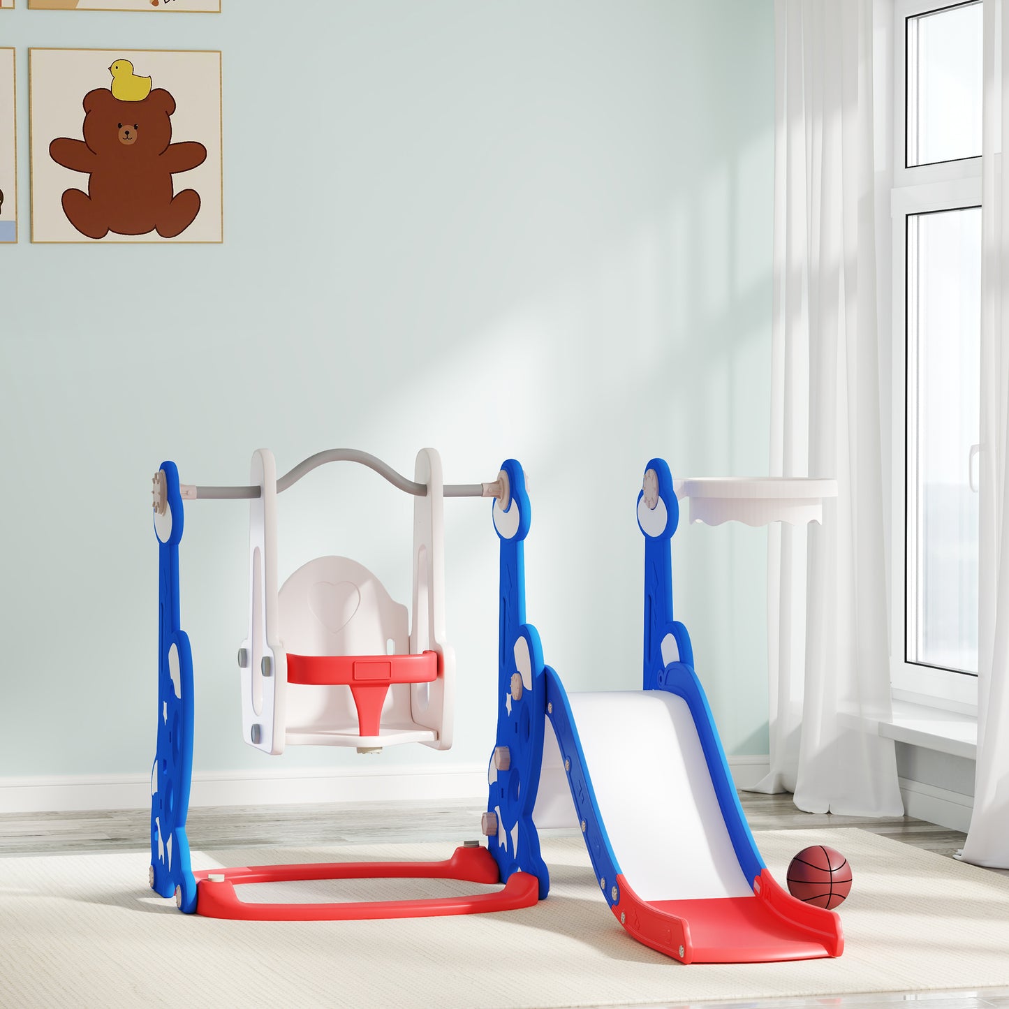 4-in-1 Slide and Swing Set with Basketball Hoop and Climber, for Boys and Girls Ages 1.5-4, Rocket Theme, Dark Blue