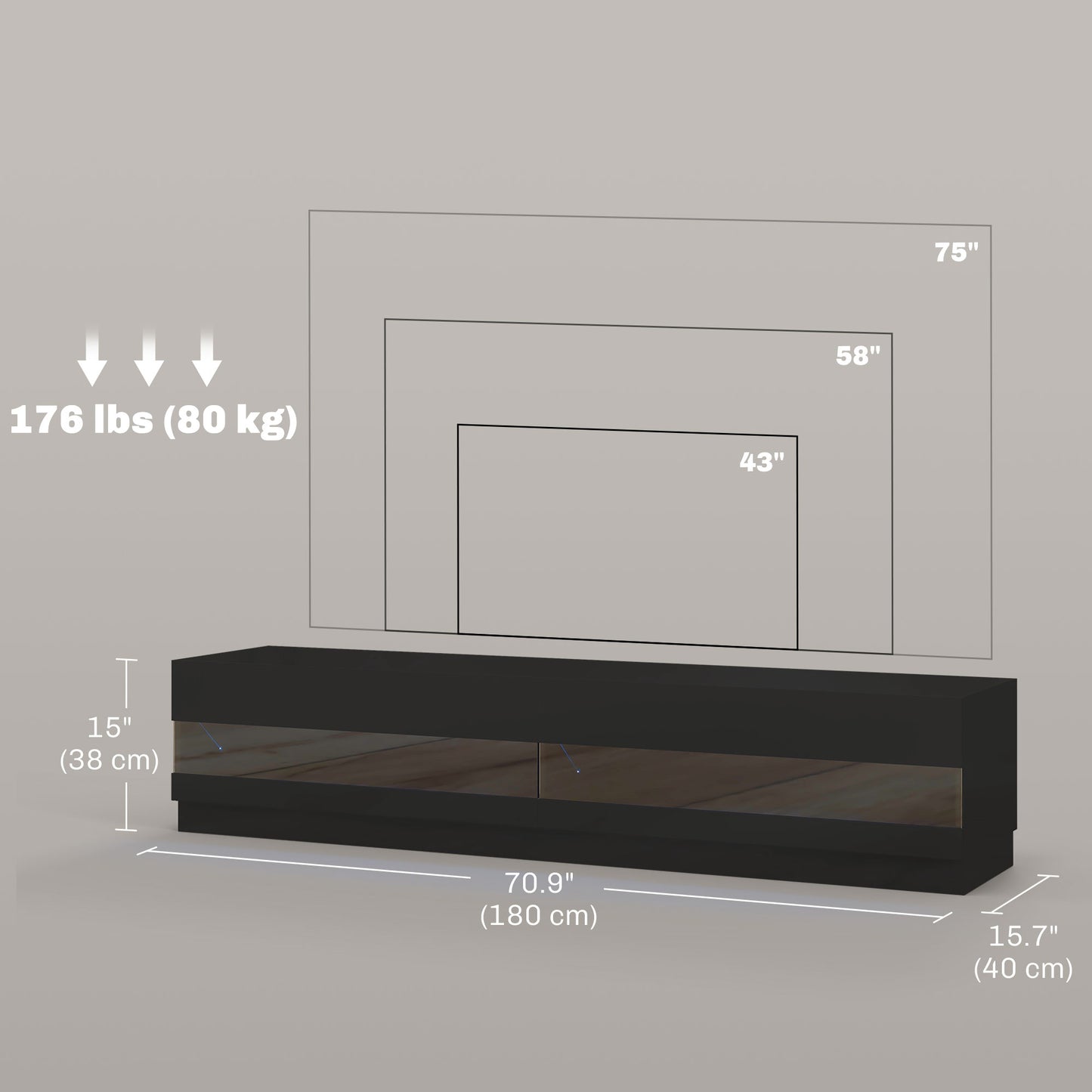 Meuble TV éclairé pour téléviseurs jusqu'à 75 pouces, noir brillant