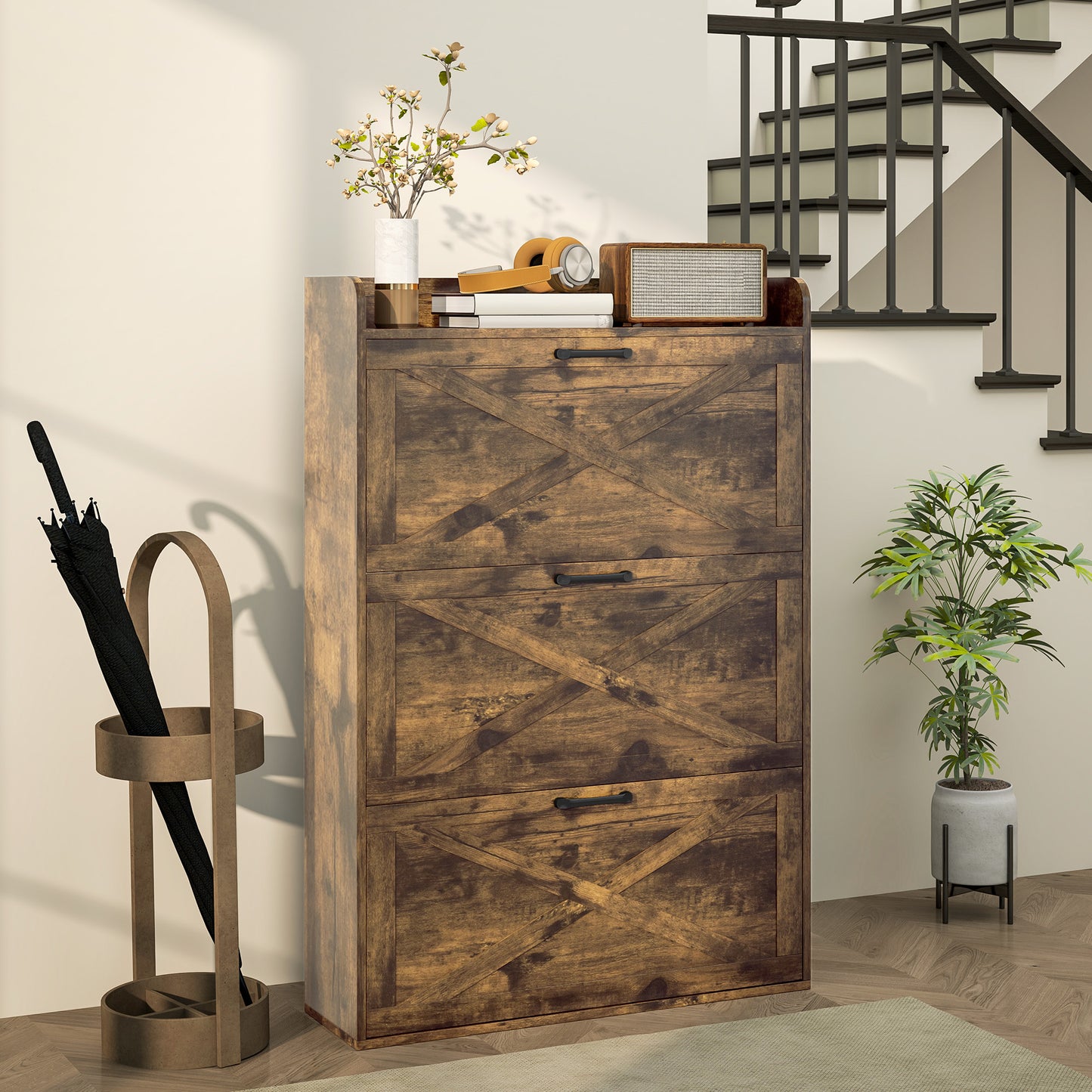 Meuble de rangement à chaussures étroit HOMCOM, style ferme, avec 3 tiroirs rabattables et étagères réglables, pour entrée, marron rustique