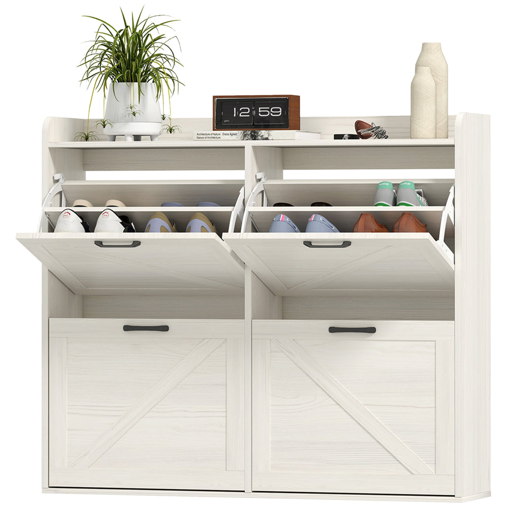 Meuble à chaussures en chêne blanc avec 4 tiroirs rabattables et étagères réglables pouvant contenir 16 paires – rangement pratique pour entrée