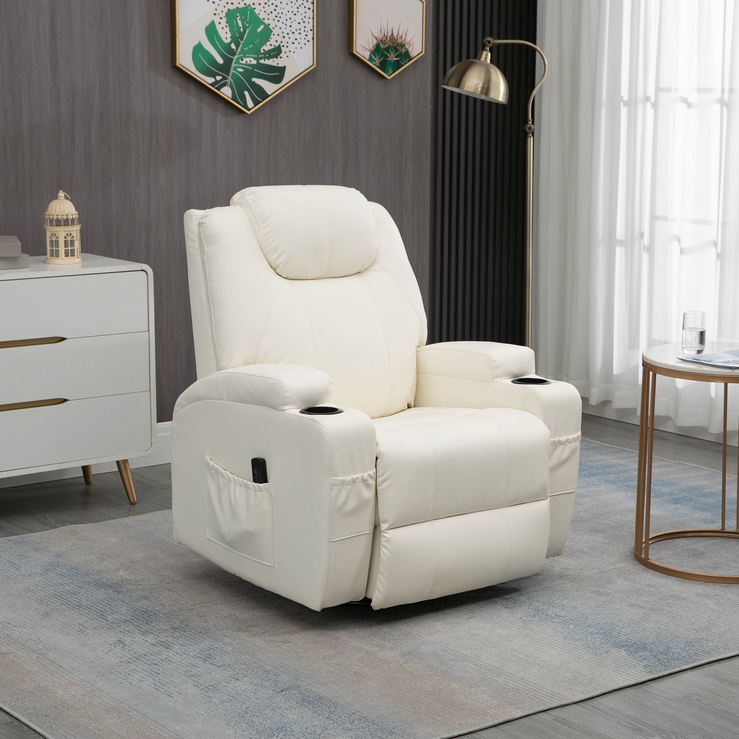 Fauteuil massant inclinable à bascule pivotantavec, 8 points de vibration, cuir synthétique, blanc crème