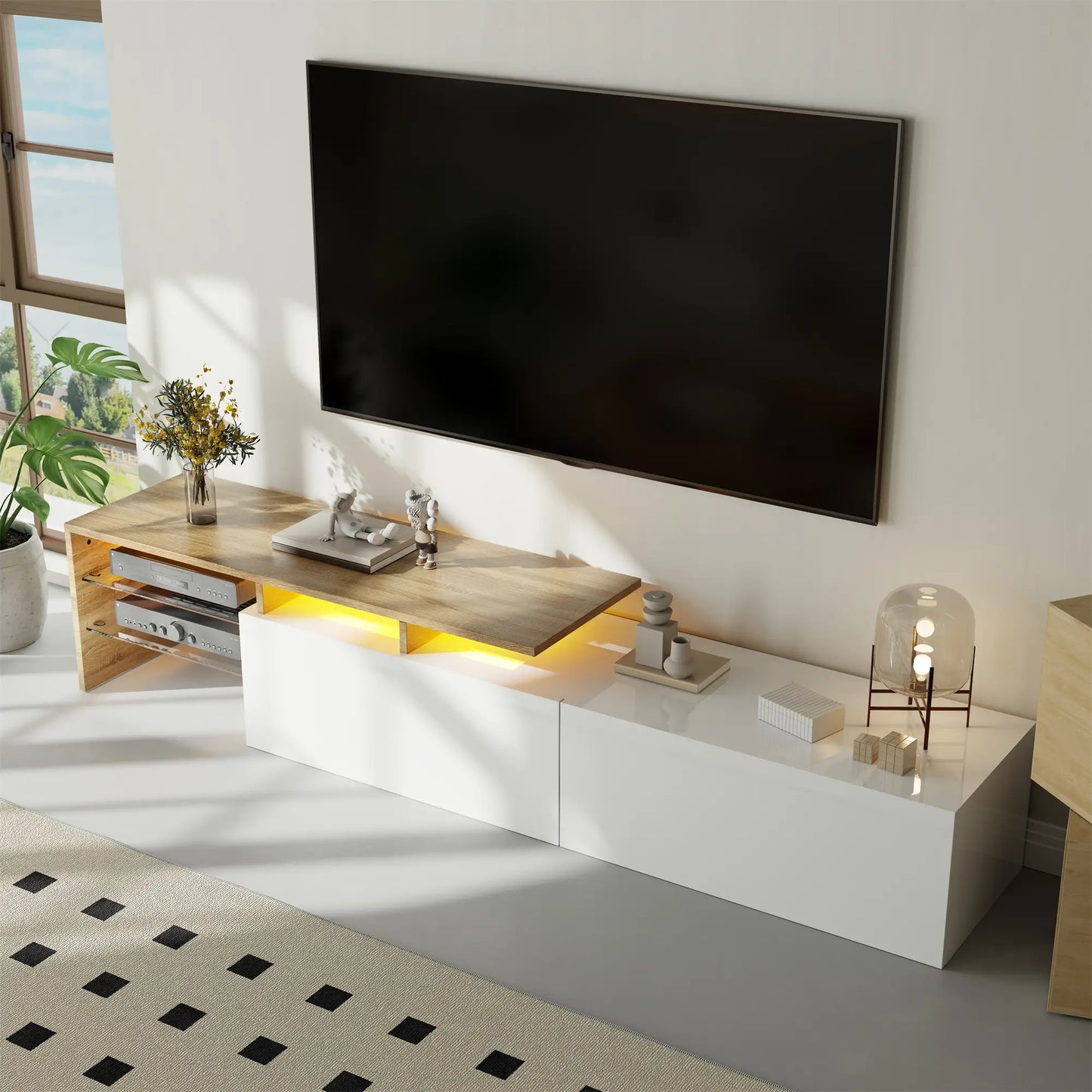 Meuble TV moderne avec étagères en verre et éclairage LED, blanc et naturel